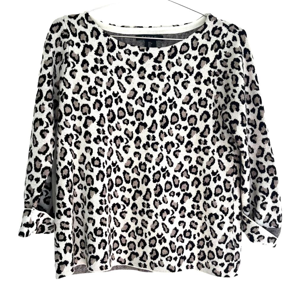 Tahari Womens Gray Leopard Print Rolled Sleeve Sweater S